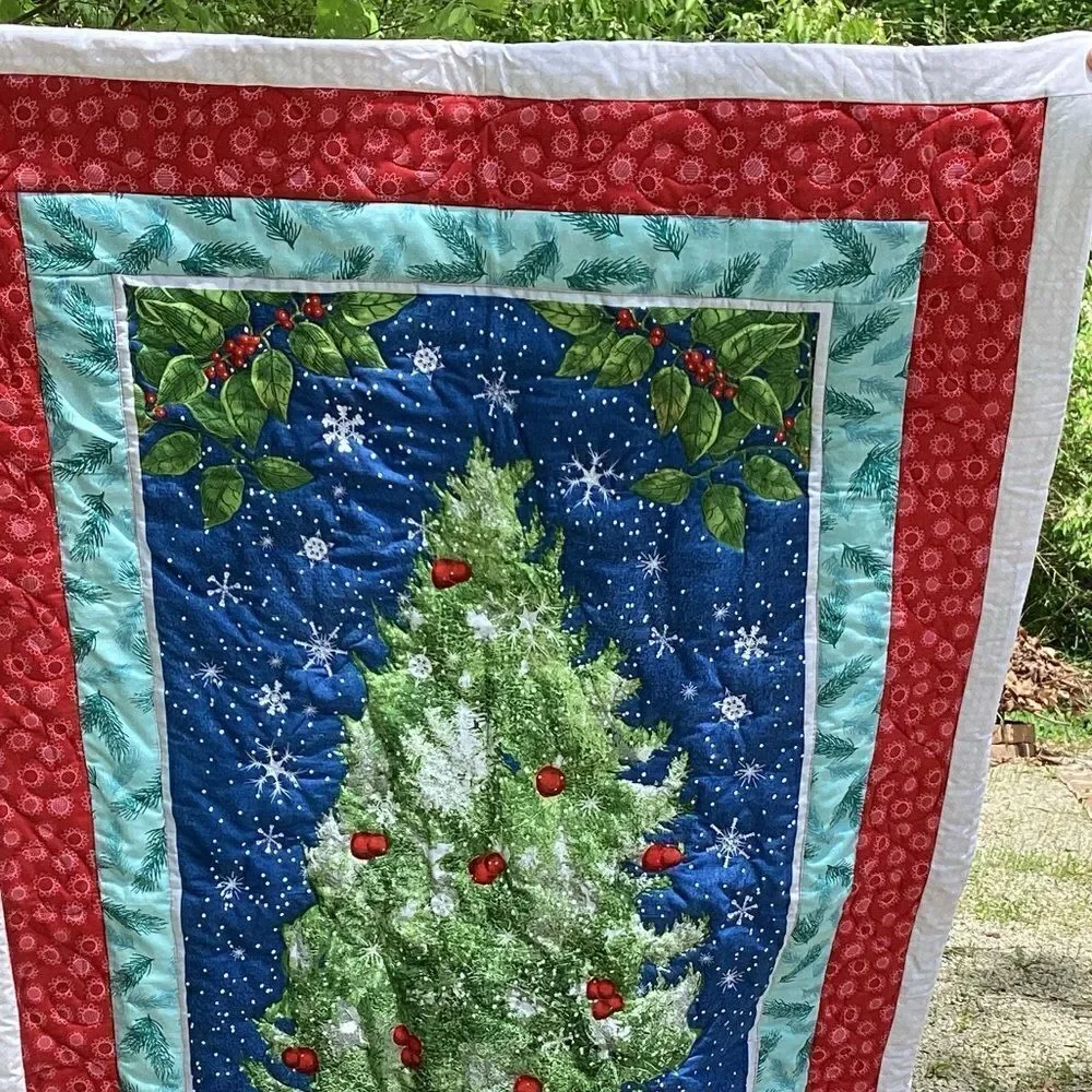 NWT. Christmas Forest Tree with Deer Lap Quilt Hand Crafted